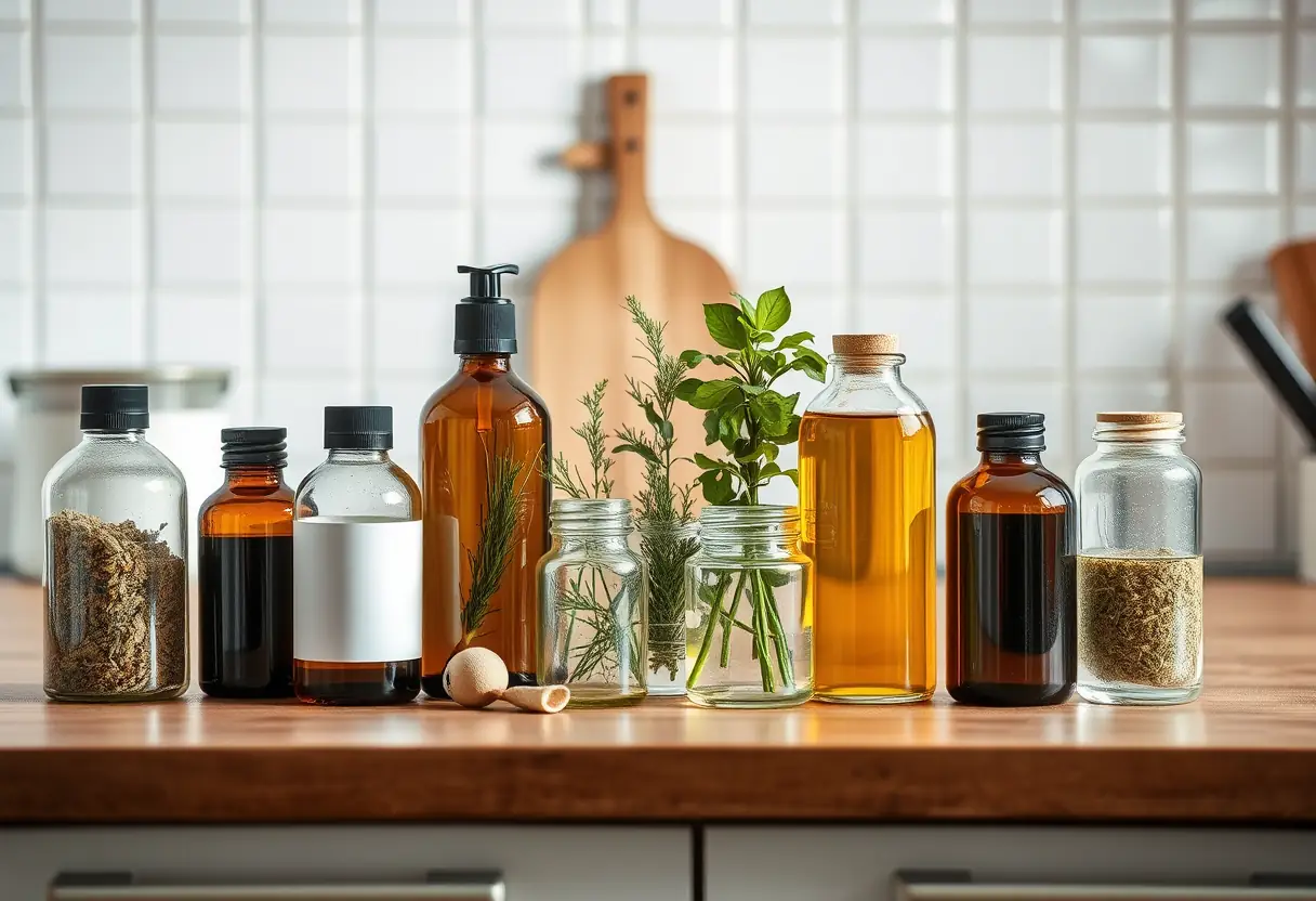 Un comptoir de cuisine avec des bocaux contenant des huiles et herbes, préparation de traitement capillaire