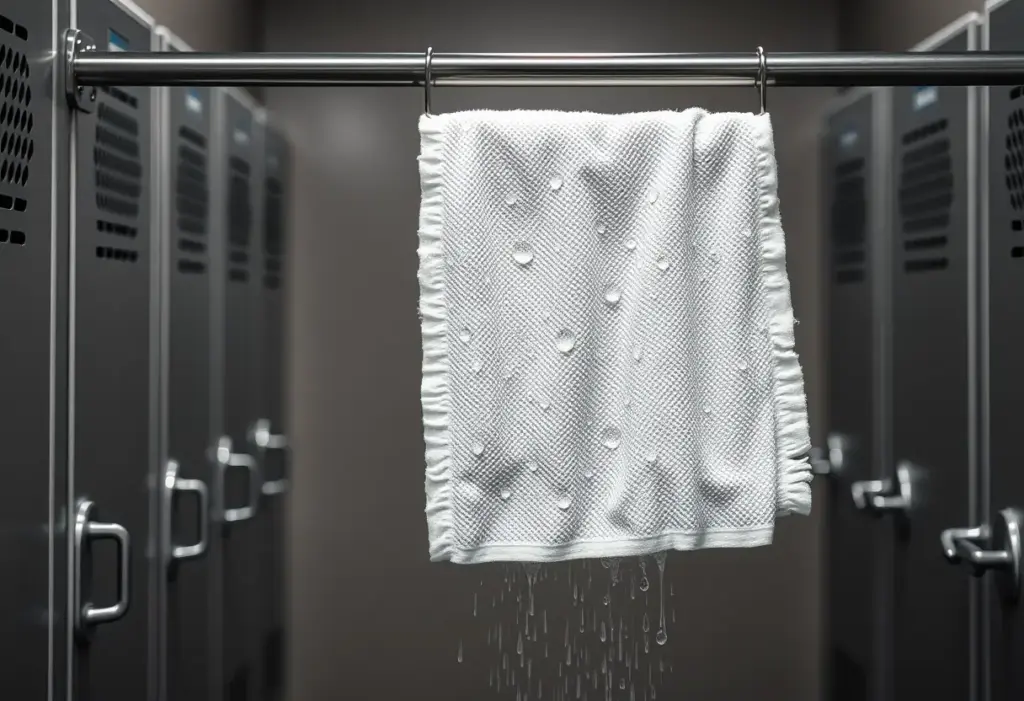 Une serviette rectangulaire accrochée sur une barre métallique dans une salle de gym, représentant la technique de séchage des cheveux courts