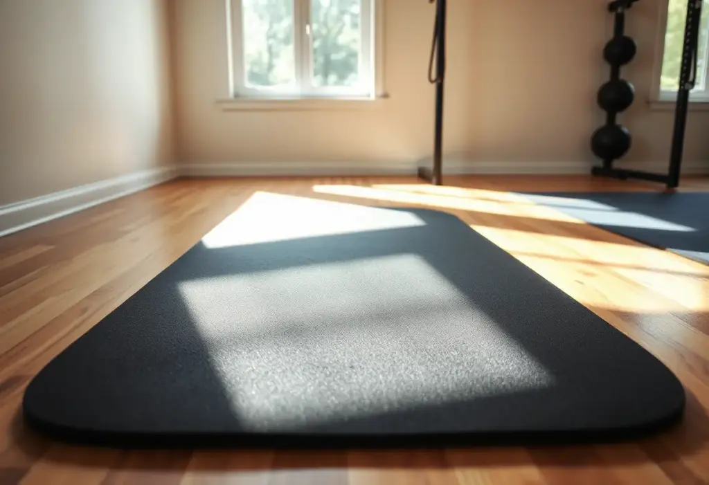 Un tapis en caoutchouc noir dans un home gym, soin du corps.
