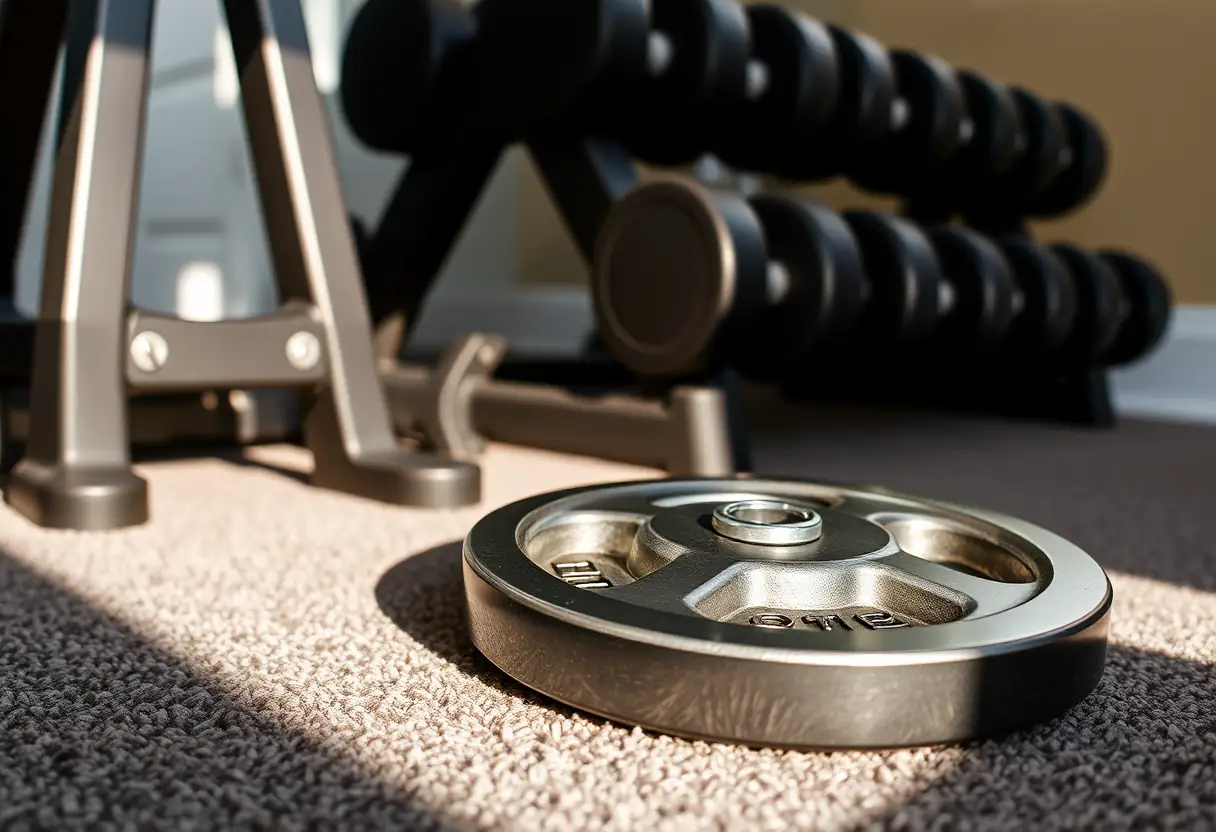 Un poids de musculation sur un tapis, soin du corps.