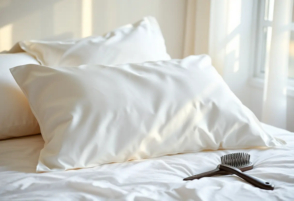 Une taie d'oreiller en satin sur un lit, outil de protection des cheveux pendant la nuit
