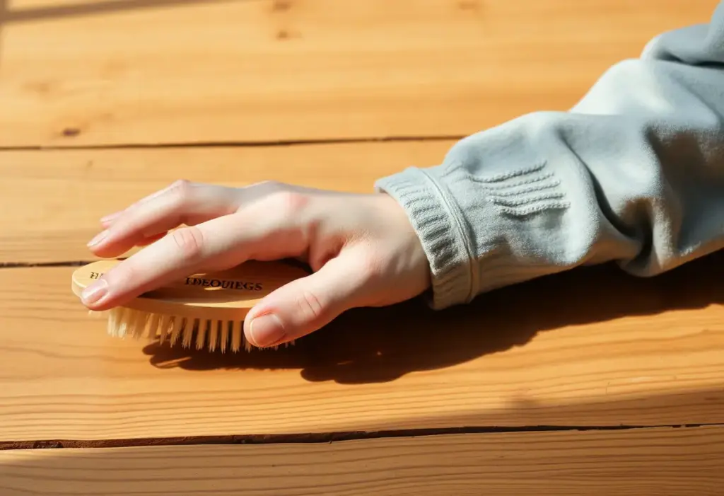 Une main tenant un pinceau en bois posé sur une table, pour entretenir les cheveux crépus
