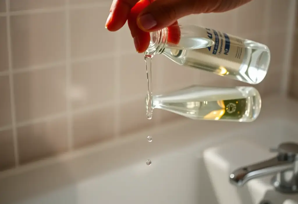 Une main verse un liquide clair dans une bouteille, dans une salle de bain matinale, senteur de Cologne