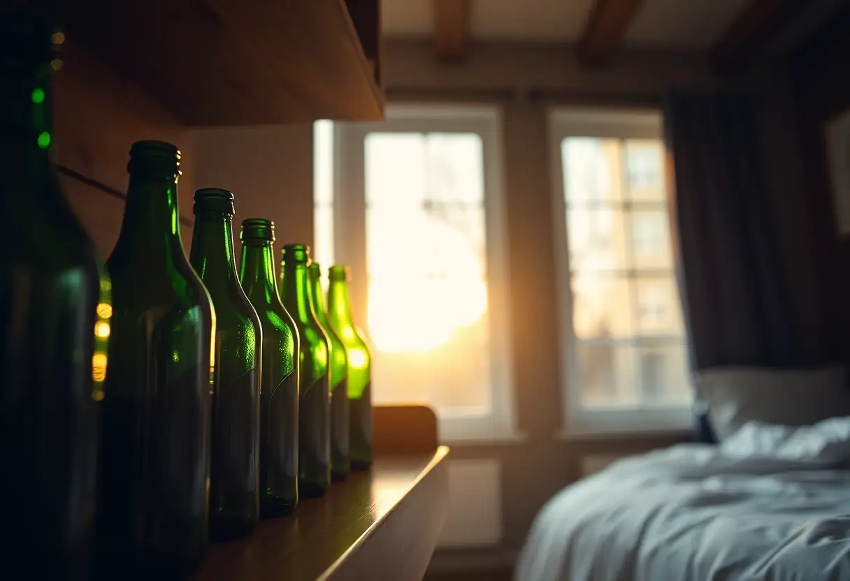 Des bouteilles vert foncé alignées sur une étagère de bois dans une chambre douillette, lumière du soir