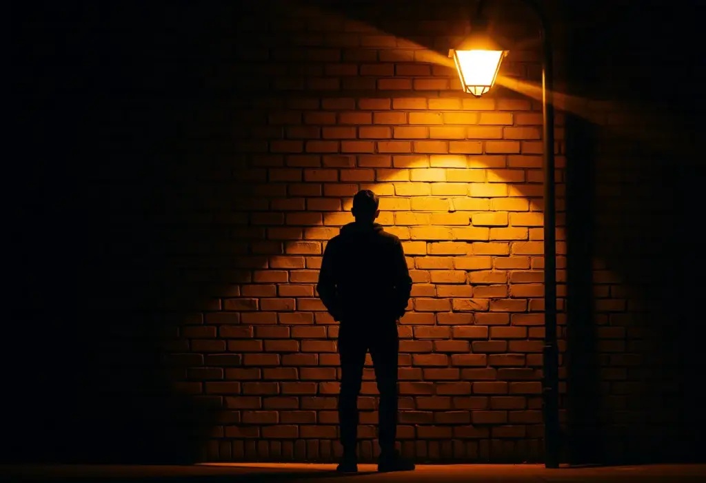 Silhouette d'une personne contre un mur en brique sous un réverbère, tatouages