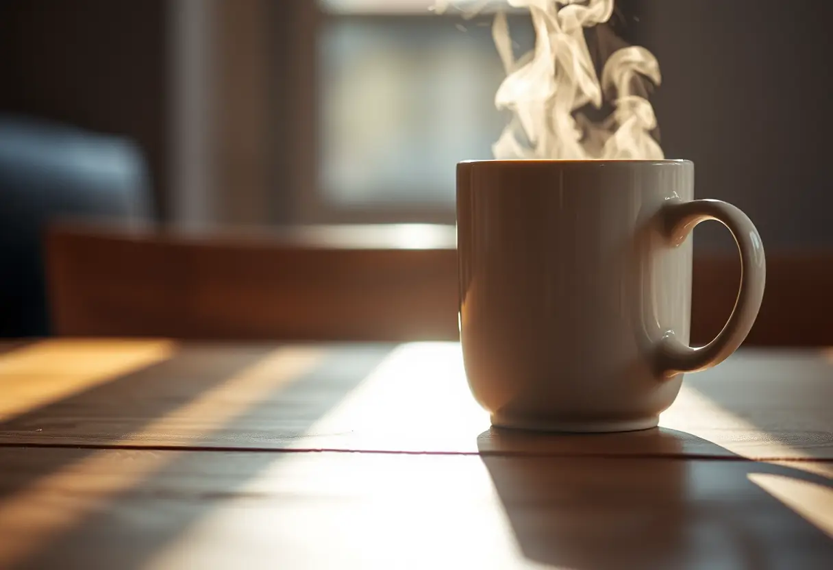 Vue rapprochée d'une tasse de café posée sur une table en bois, tatouages