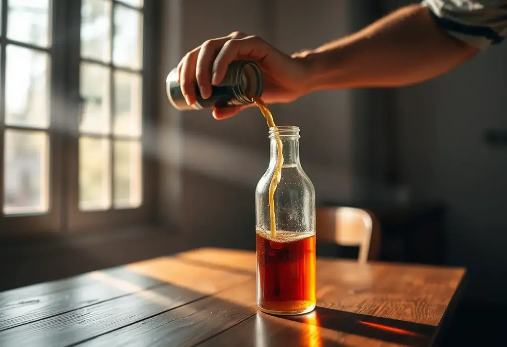Une main verse un liquide brun dans une bouteille sur une table en bois, évoquant élégance et soin