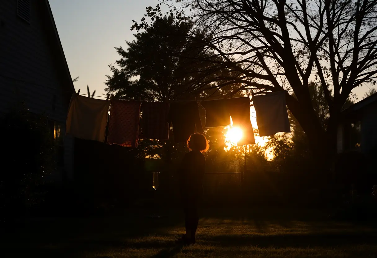 Un silhouetté suspend du linge sur une corde dans un jardin, le soleil couchant projette des ombres longues, symbolisant la routine et l’élégance masculine