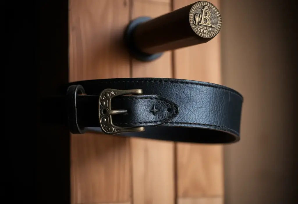 Ceinture en cuir avec boucles métalliques, accrochée à un clou dans une pièce sombre, mettant en valeur le travail artisanal