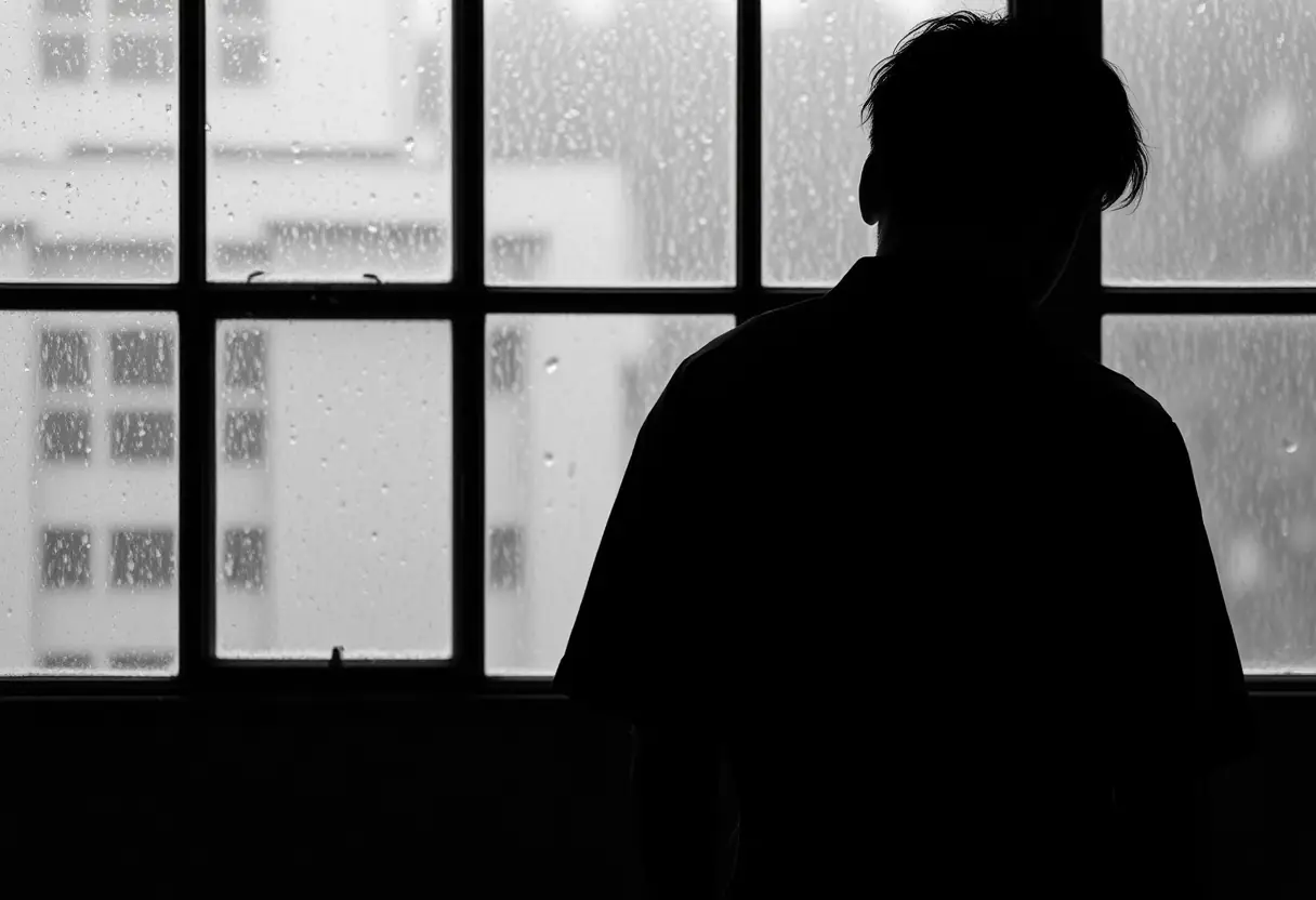Silhouette d'une personne devant une fenêtre aux gouttes de pluie, créant une atmosphère mystérieuse