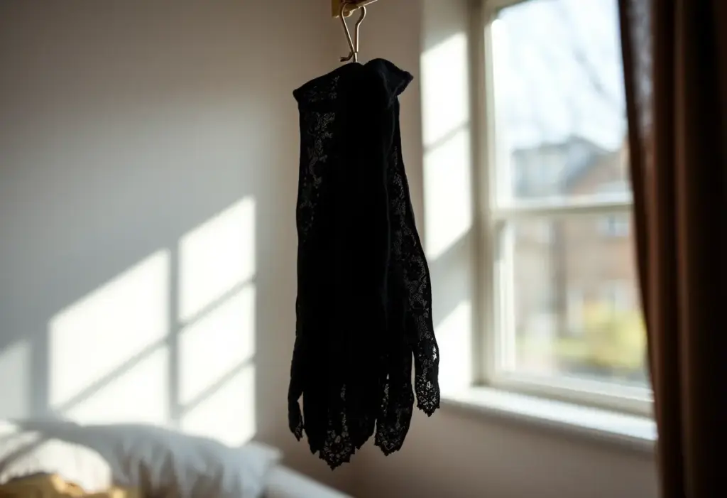 Un gant en dentelle noire accroché dans une chambre, éclairé naturellement