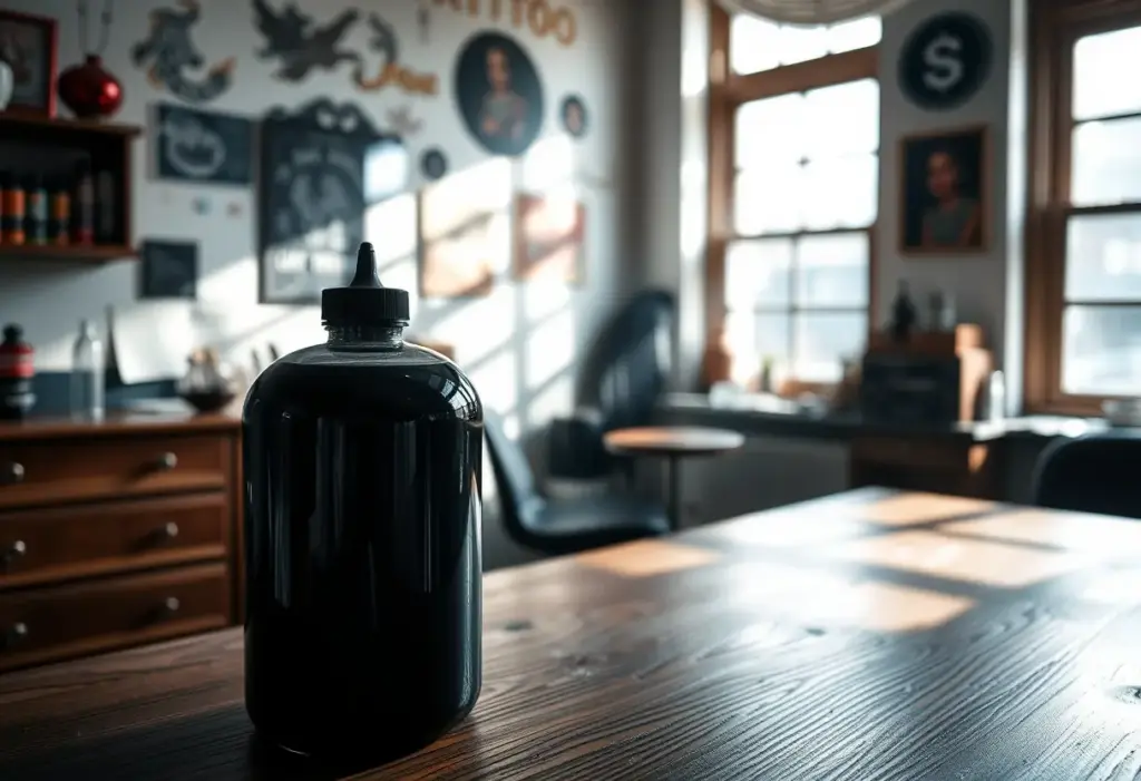 Un bureau avec une bouteille d'encre noire dans un studio de tatoueur