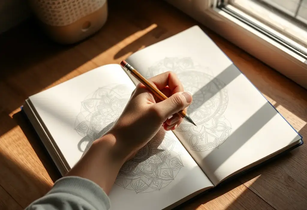 Une main qui esquisse des motifs complexes dans un cahier de croquis, éclairé par la lumière du jour
