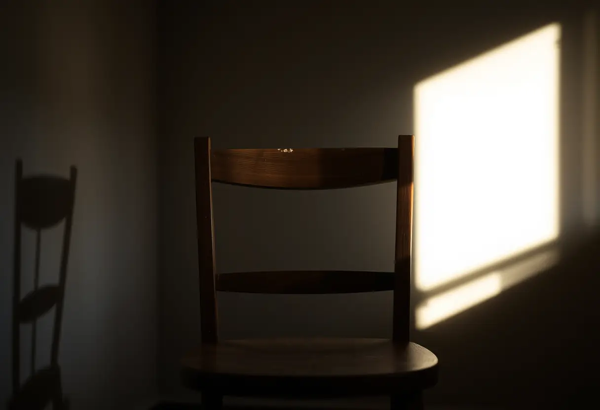 Un fauteuil en bois dans une pièce sombre, sa partie dorsale légèrement usée par le temps