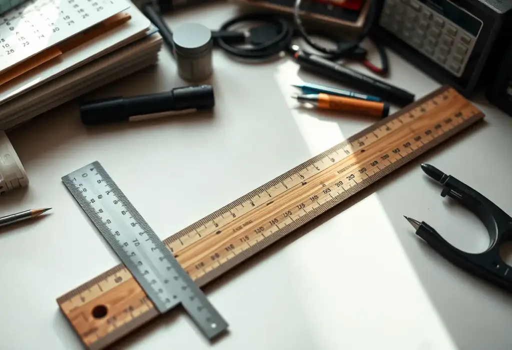 Des règles métalliques et une règle en bois alignées sur un bureau, symbolisant la précision dans le choix d’un tatouage