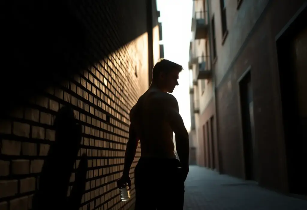 Un silhouetté masculin contre un mur en briques dans une ruelle urbaine avec une bouteille d'eau