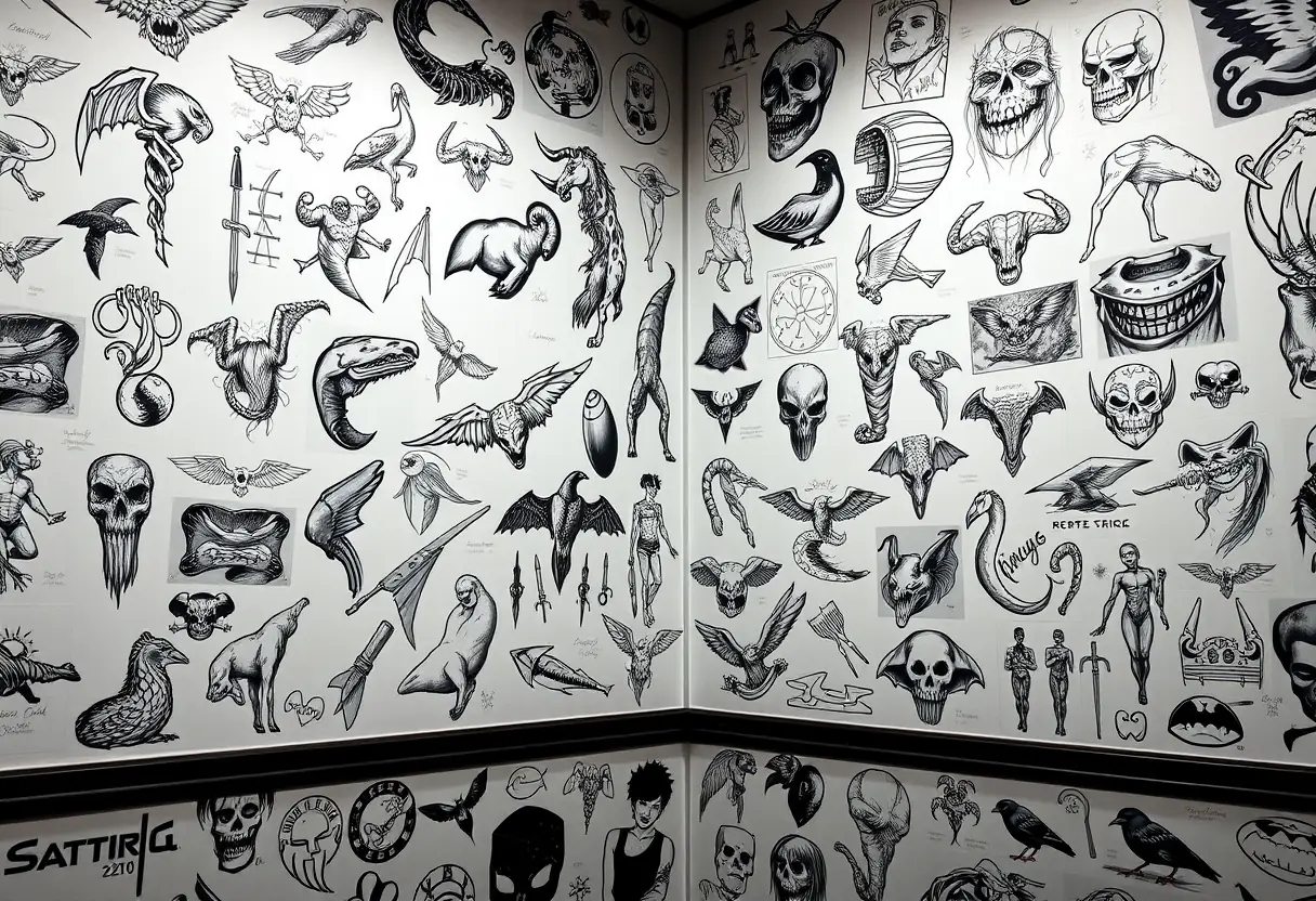 Mur couvert de croquis dans un salon de tatouage