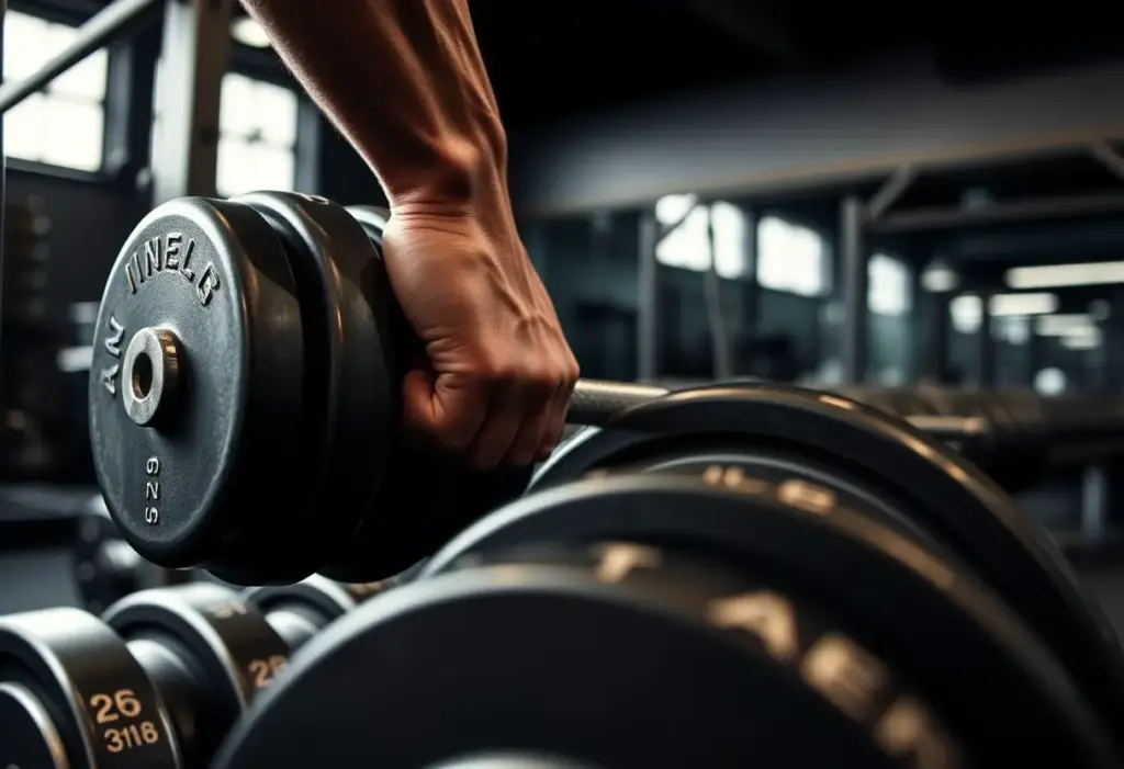 Une main tenant une barre à haltères dans une salle de sport