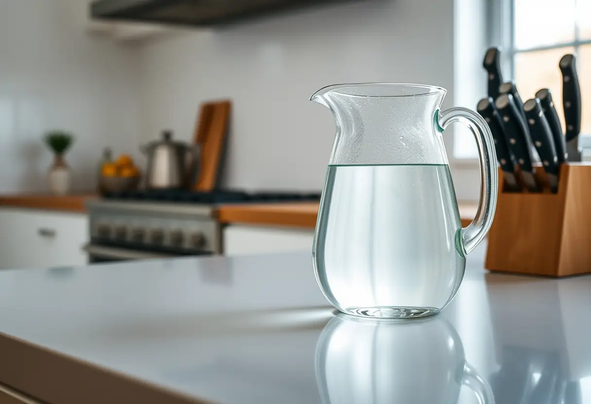 Un siège à côté d'une carafe d'eau sur un comptoir de cuisine