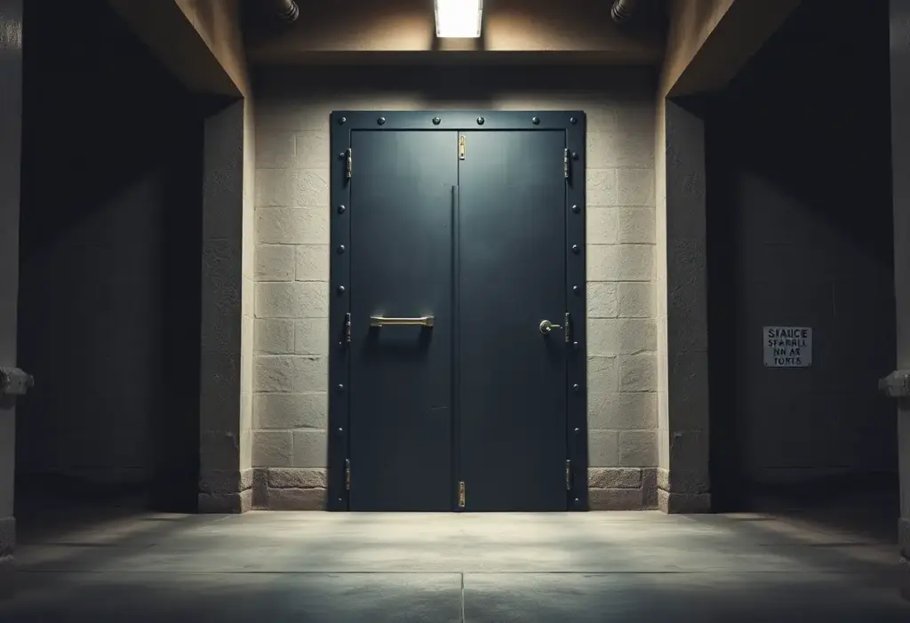 Une grande porte métallique dans un gymnase souterrain