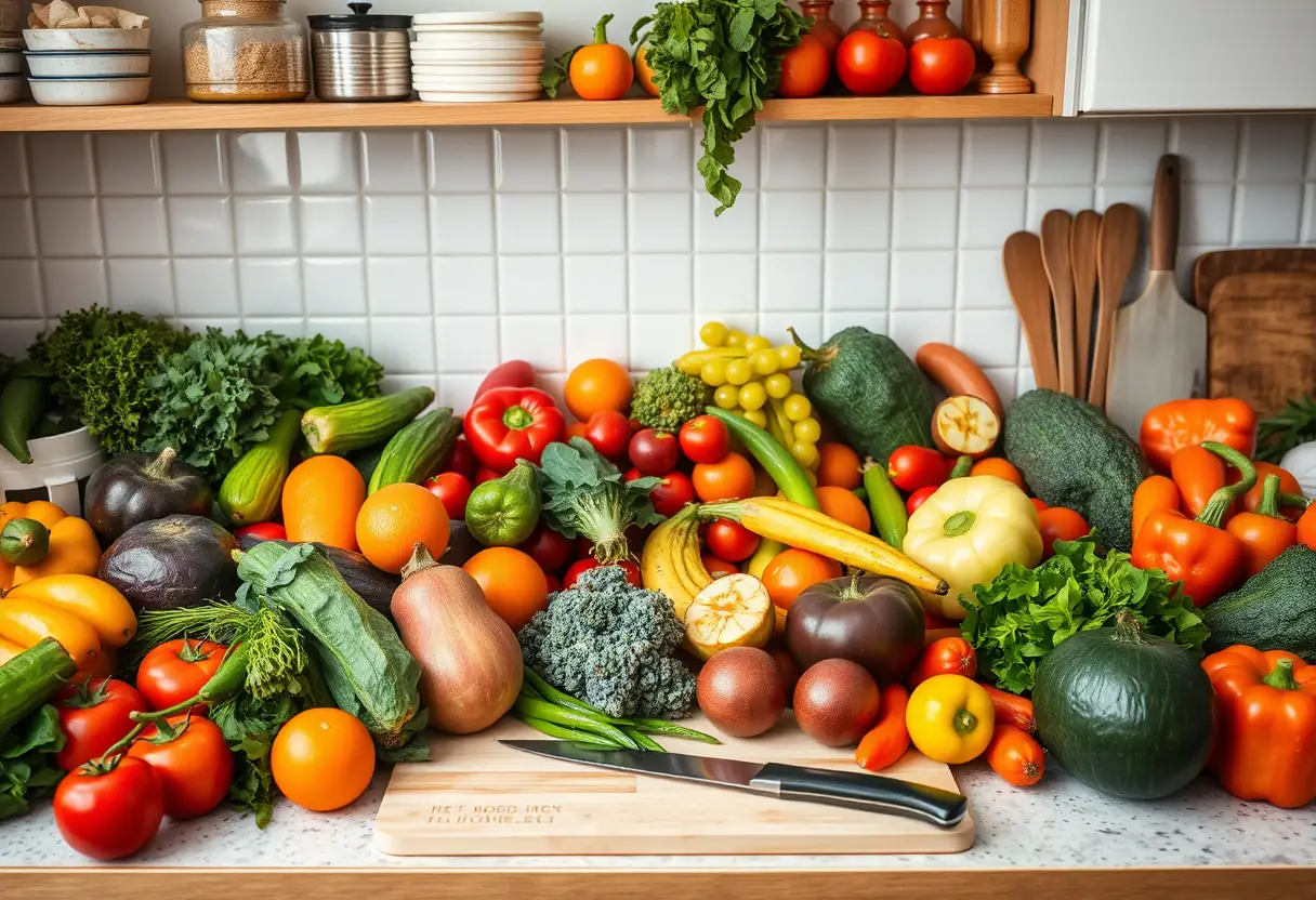 Un comptoir de cuisine avec des légumes et des fruits frais