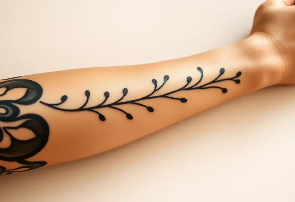 Un avant-bras tatoué reposant sur une table, représentant une vigne fluide