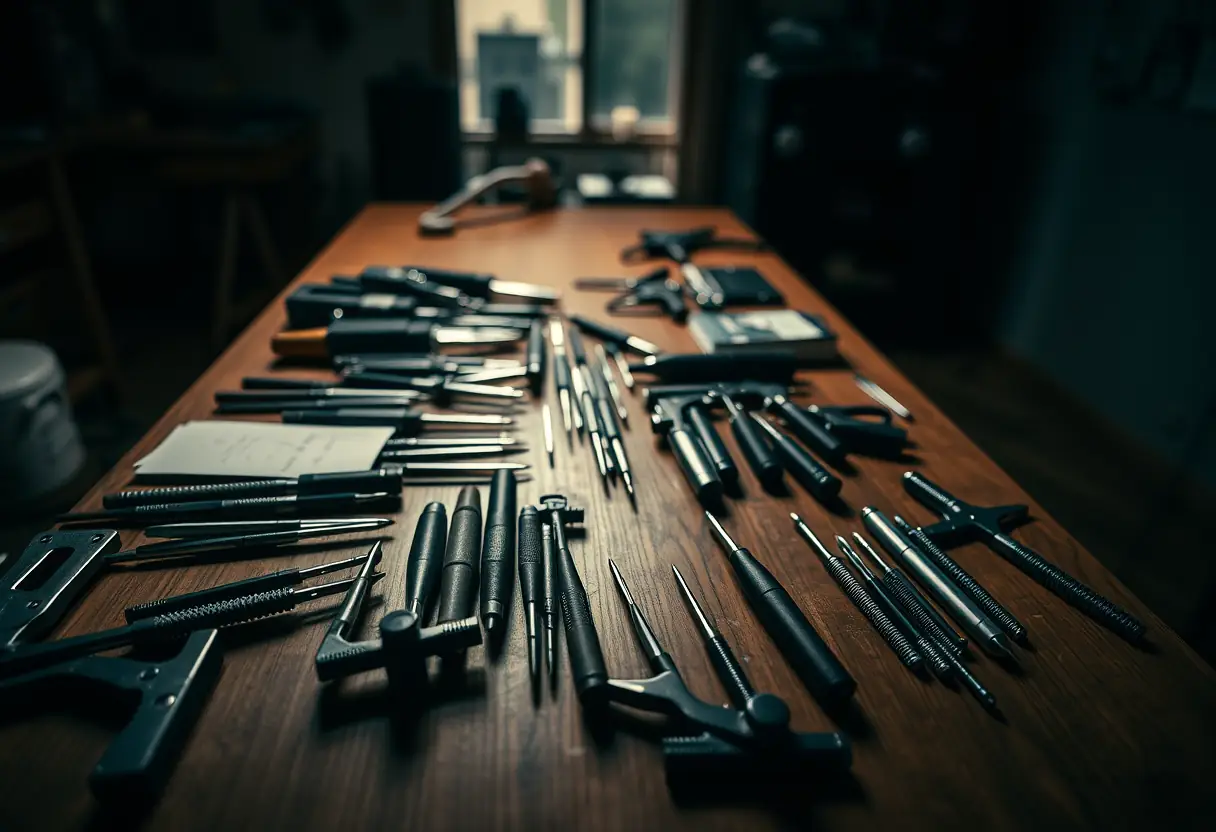 Un bureau en bois garni d'outils métalliques pour tatouage dans un atelier