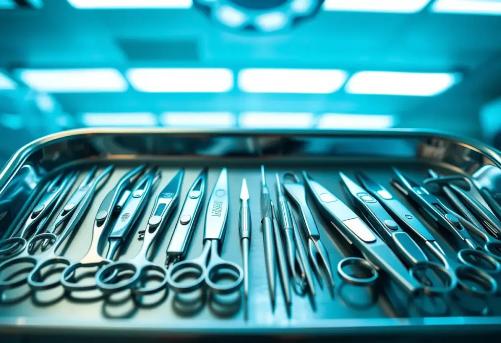 Un plateau en acier inoxydable avec des outils chirurgicaux stérilisés disposés en rangées