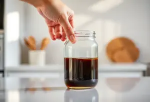 Une main qui mélange un liquide sombre dans un pot en verre pour entretenir la barbe