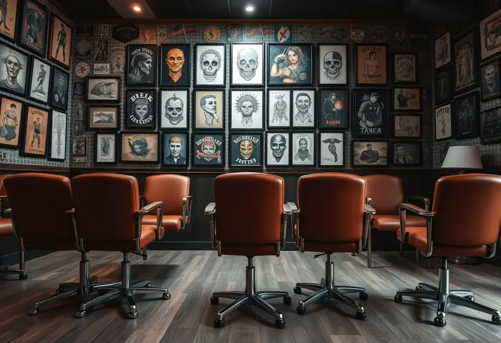 Vue large d'un salon de tatouage avec plusieurs fauteuils placés devant un mur couvert de tatouages encadrés