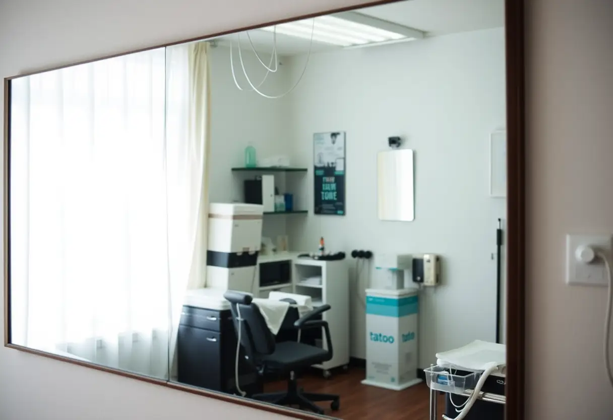 Miroir reflétant l'environnement stérile d'une station de tatouage avec des lingettes antisepsiques