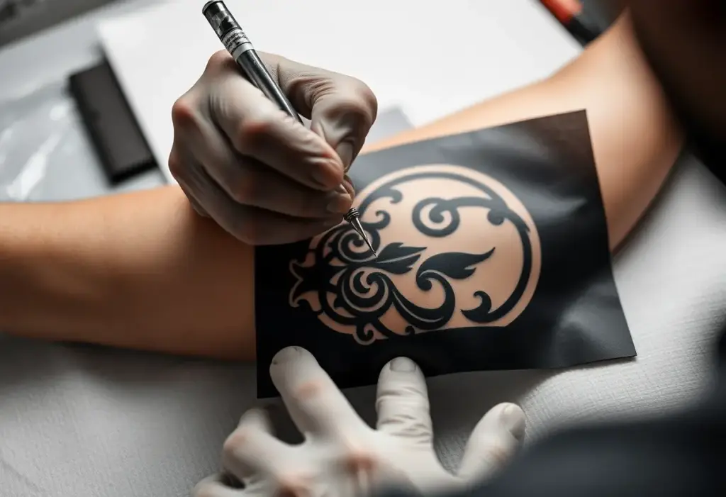 Main de tatoueur tenant une aiguille au-dessus d'un patron sur un avant-bras, prêt à tatouer