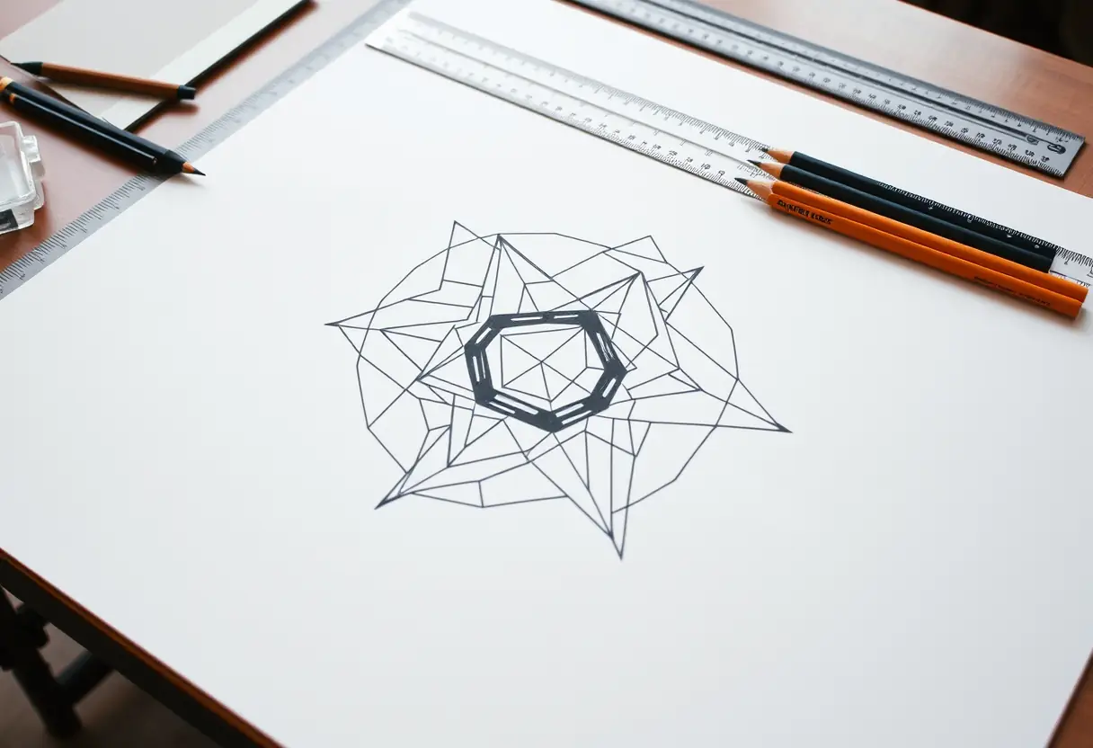 Désignation géométrique de tatouage étalée sur un bureau de dessin, avec des équerres et des crayons à proximité