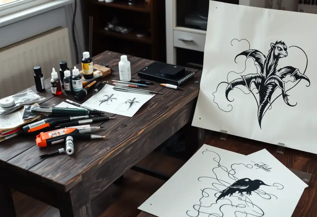 Un bureau chargé d'outils de tatouage dans un studio à domicile