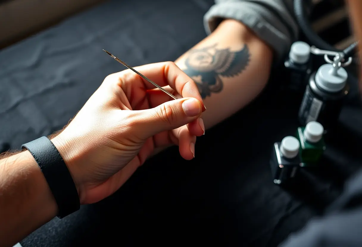Une main tenant une aiguille près d'un tissu noir avec des bouteilles d'encre pour un tatouage.