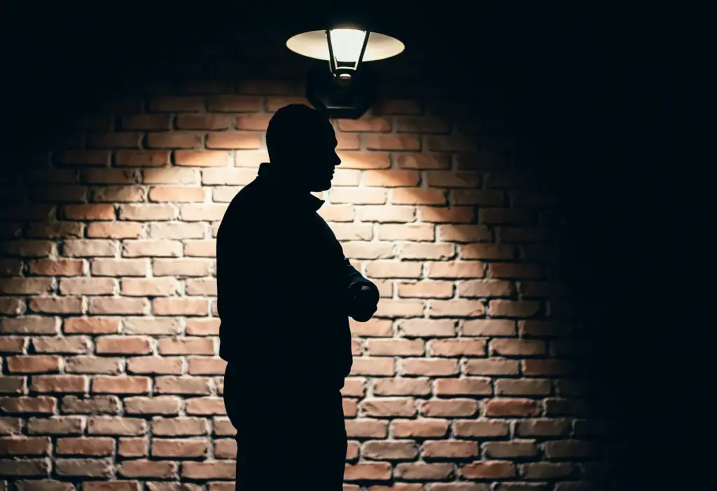 Silhouette d'homme contre un mur en brique éclairé par un réverbère, jeu d'ombres et de lumière.
