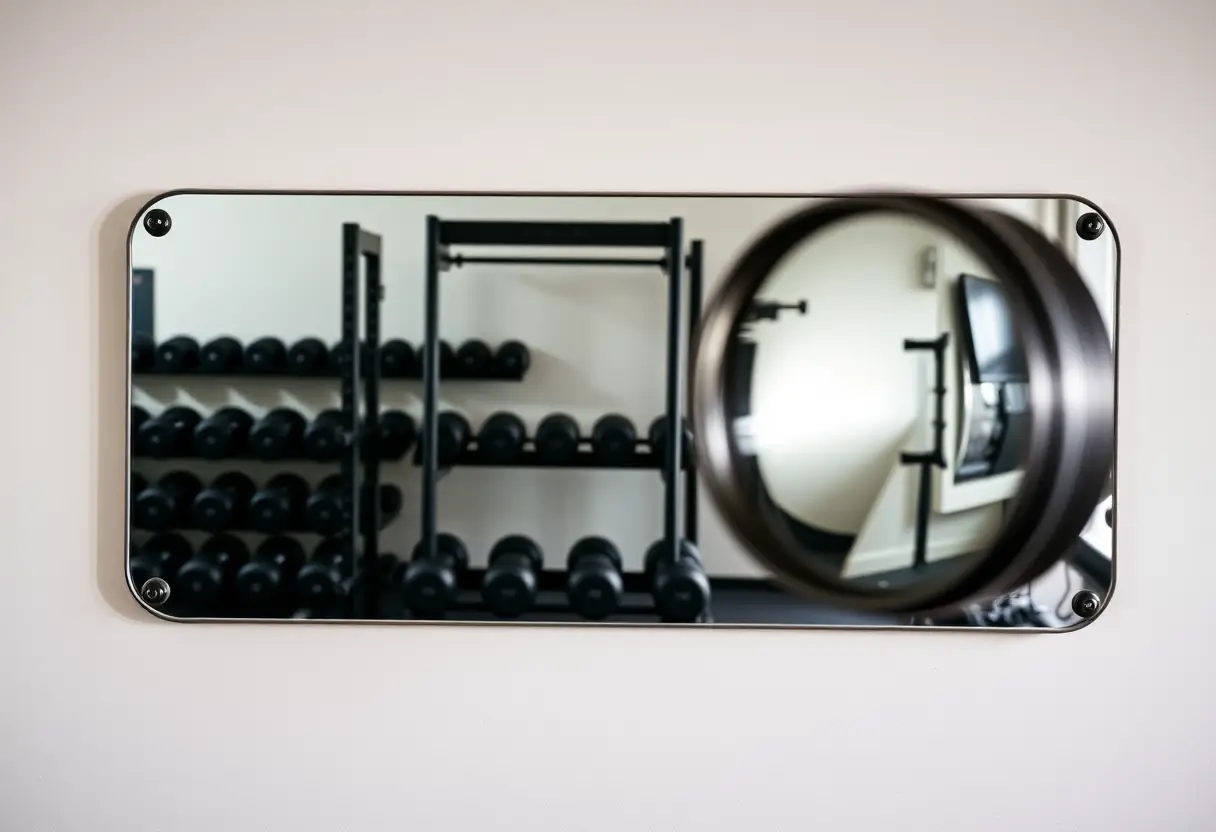 Miroir accroché dans un gymnase reflétant des haltères et des barres de musculation.