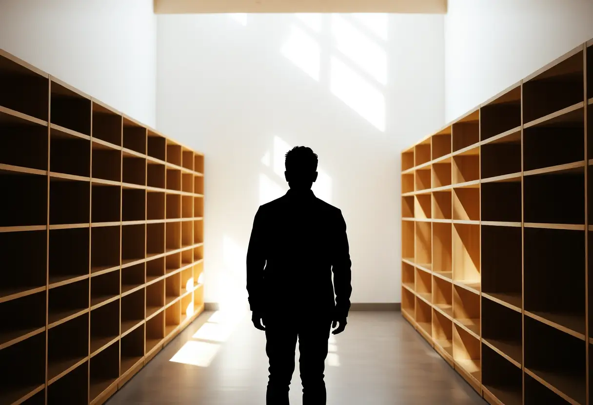 Un profil flou contre un mur de bibliothèque en bois