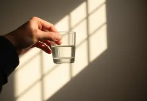 Une main tenant un verre d'eau près d'une fenêtre éclairée naturellement