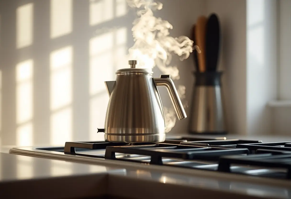 Un whistler sur un comptoir de cuisine éclairé par la lumière du matin