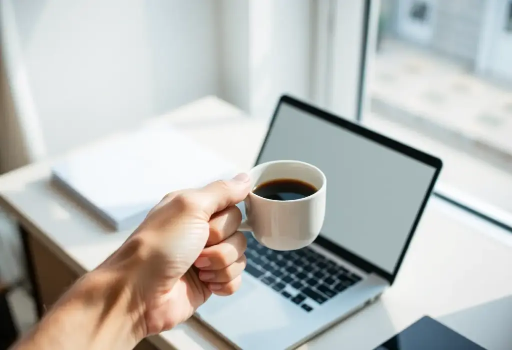 Une main tenant une tasse de café près d'un ordinateur sur un bureau, guide complet sur les tatouages masculins