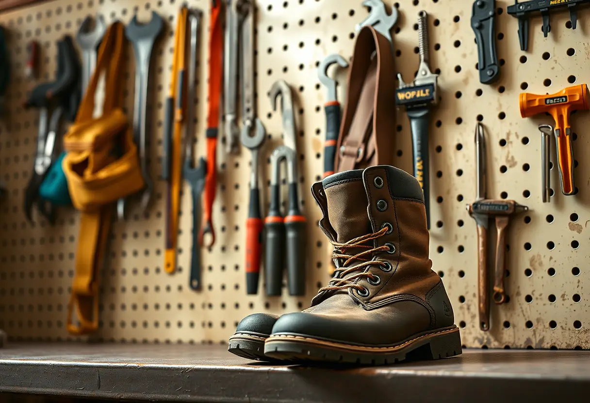 Des bottes de travail posées à côté d'une ceinture à outils accrochée sur un tableau mural dans un atelier, guide sur les tatouages hommes