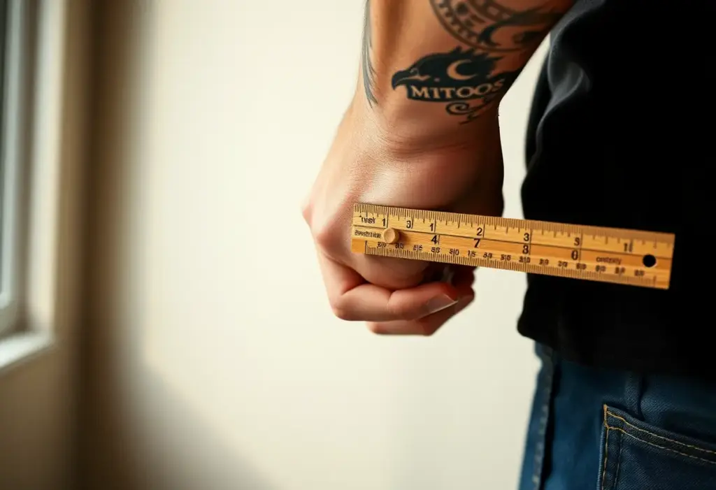 Une main tient un règle en bois contre le coude, réfléchissant au prochain tatouage, dans la lumière naturelle.
