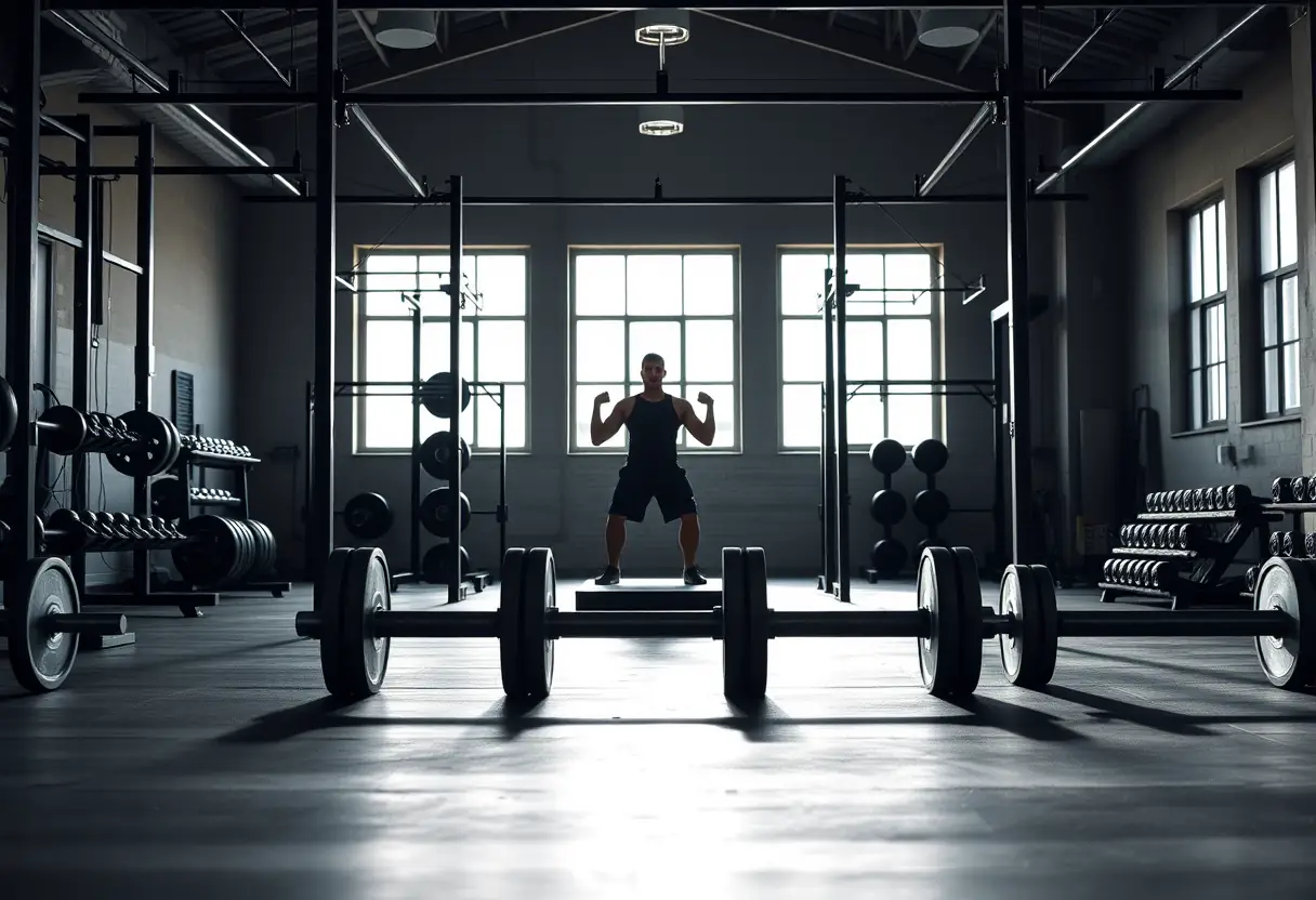 Un gymnase avec des barres de haltères et des dumbbells, un silhouette soulève des poids, lumière naturelle.