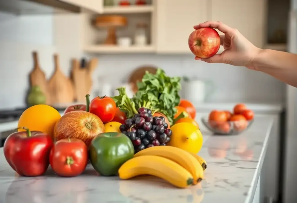 Un comptoir de cuisine avec divers fruits, une main attrapant une pomme pour illustrer une alimentation saine