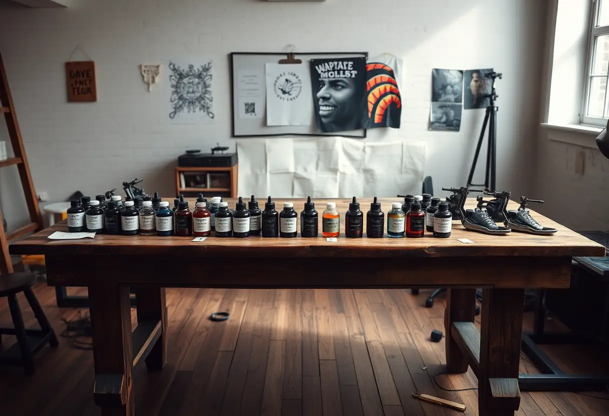 Un bureau de tatoueur avec des bouteilles d'encre et des machines à tatouer