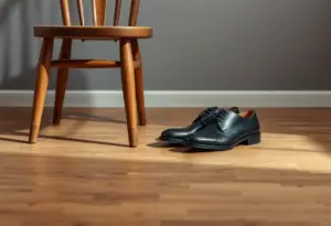 Des chaussures en cuir noir posées près d'une chaise en bois dans un studio