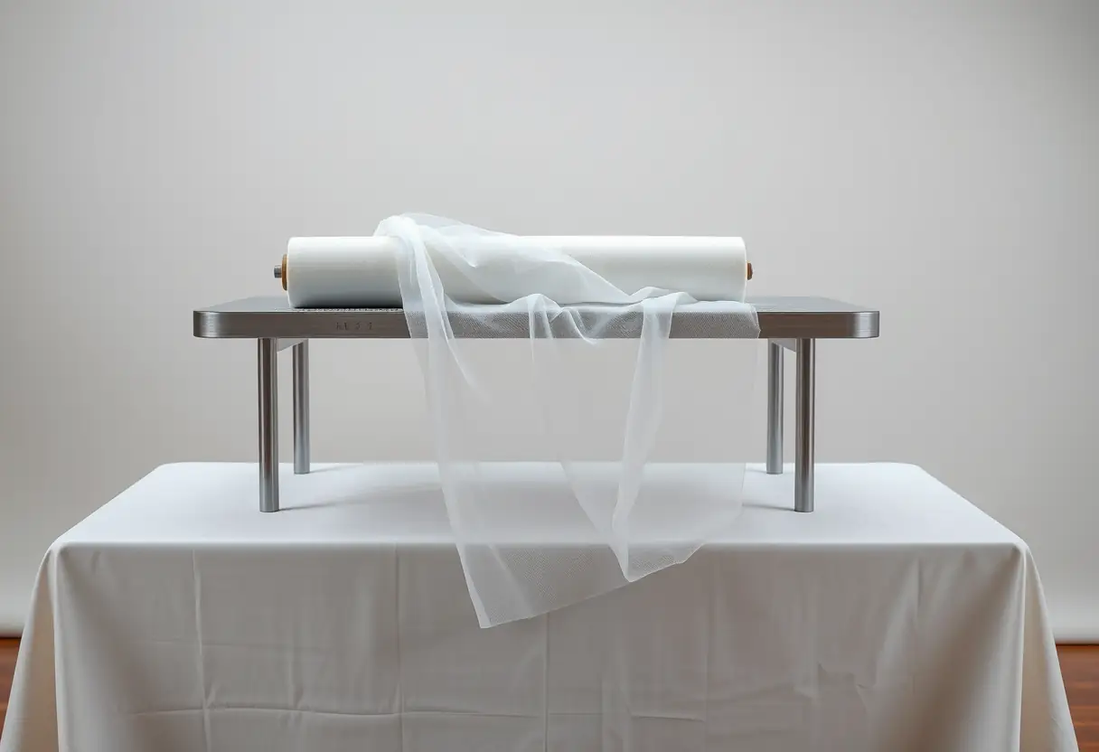 Un rouleau de gaze blanc sur une table métallique dans un studio