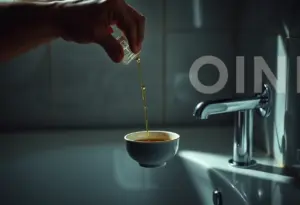 Une main verse de l'huile dans un bol en céramique dans une salle de bain éclairée naturellement