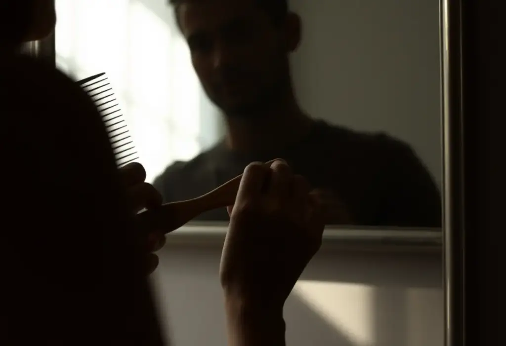 Une silhouette d'une personne tenant un peigne en bois de cèdre devant un miroir avec cadre argenté